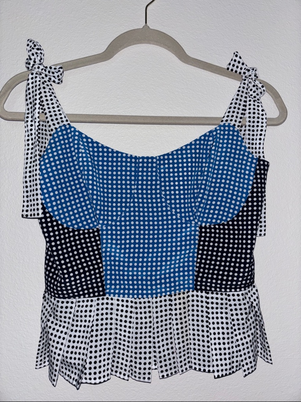 Katherine Kidd Polka Dot Tie-Shoulder Cropped Pleated Peplum Top
